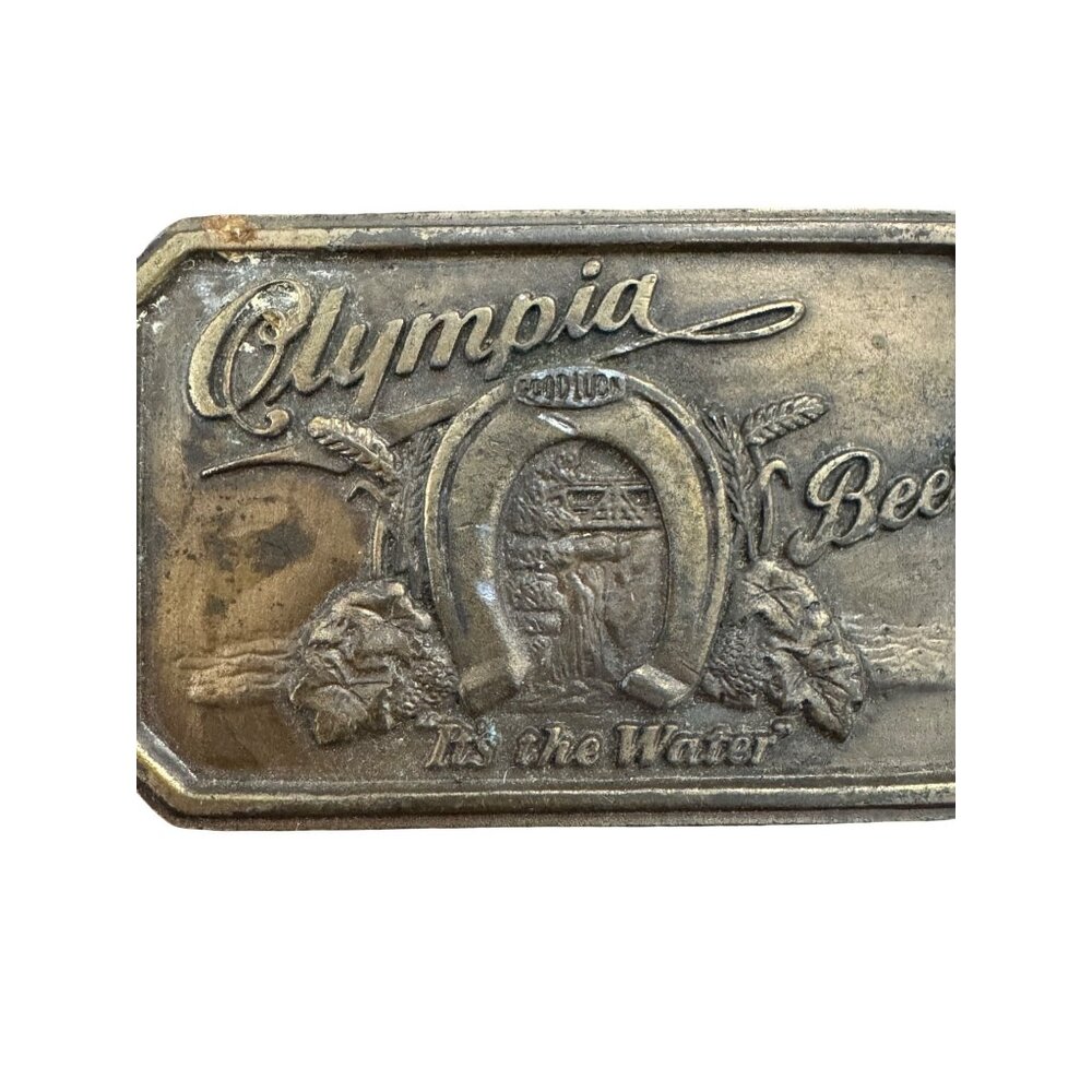 Vintage Olympia Beer Brass Belt Buckle Rectangular Design Embossed Detail Collec